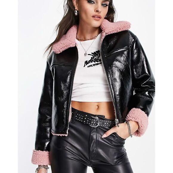London Crew Faux Leather Pink Sherpa Jacket - Picture 1 of 6